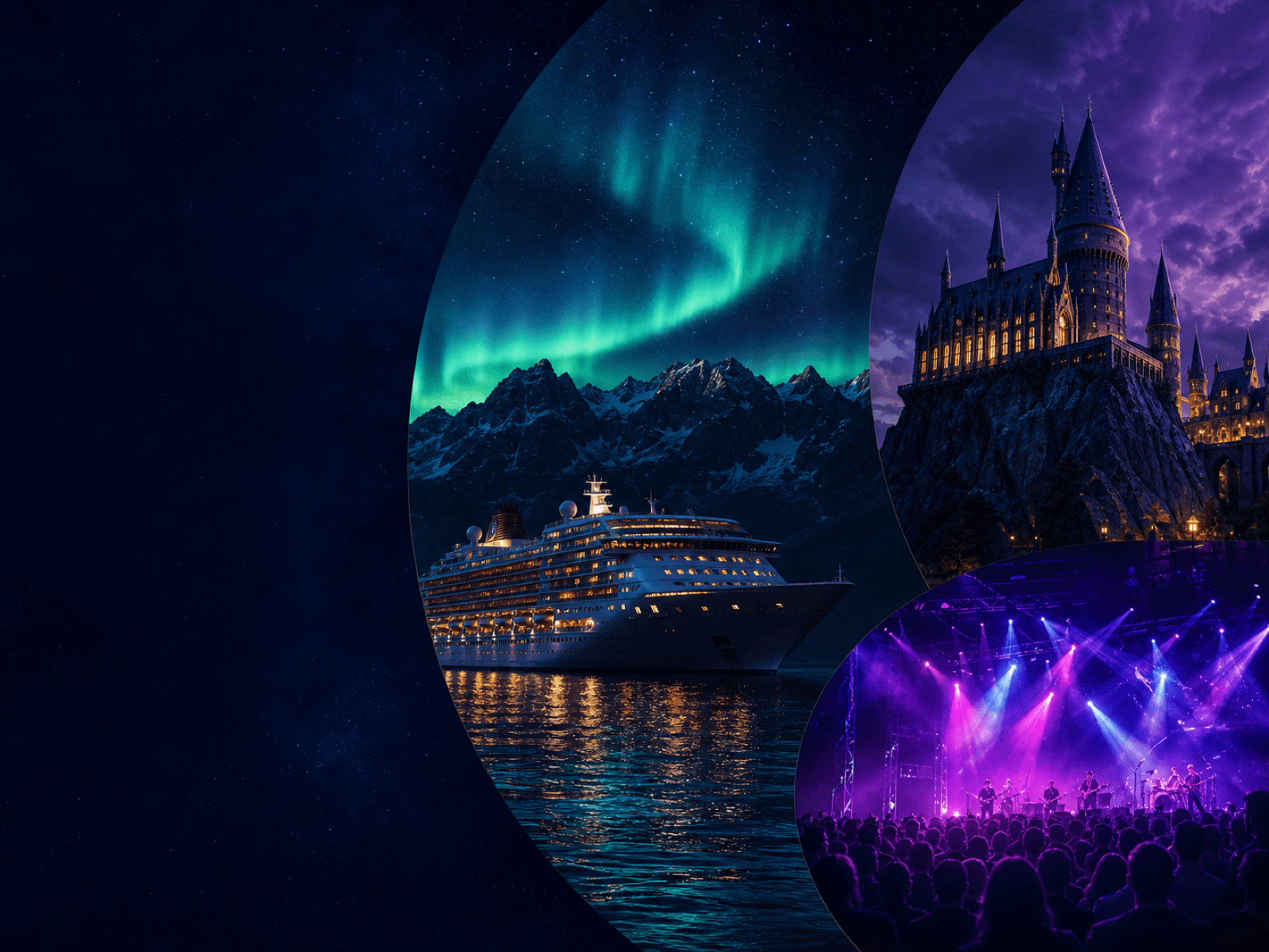 Nighttime collage of a themed cruise, fantasy destination, and live event