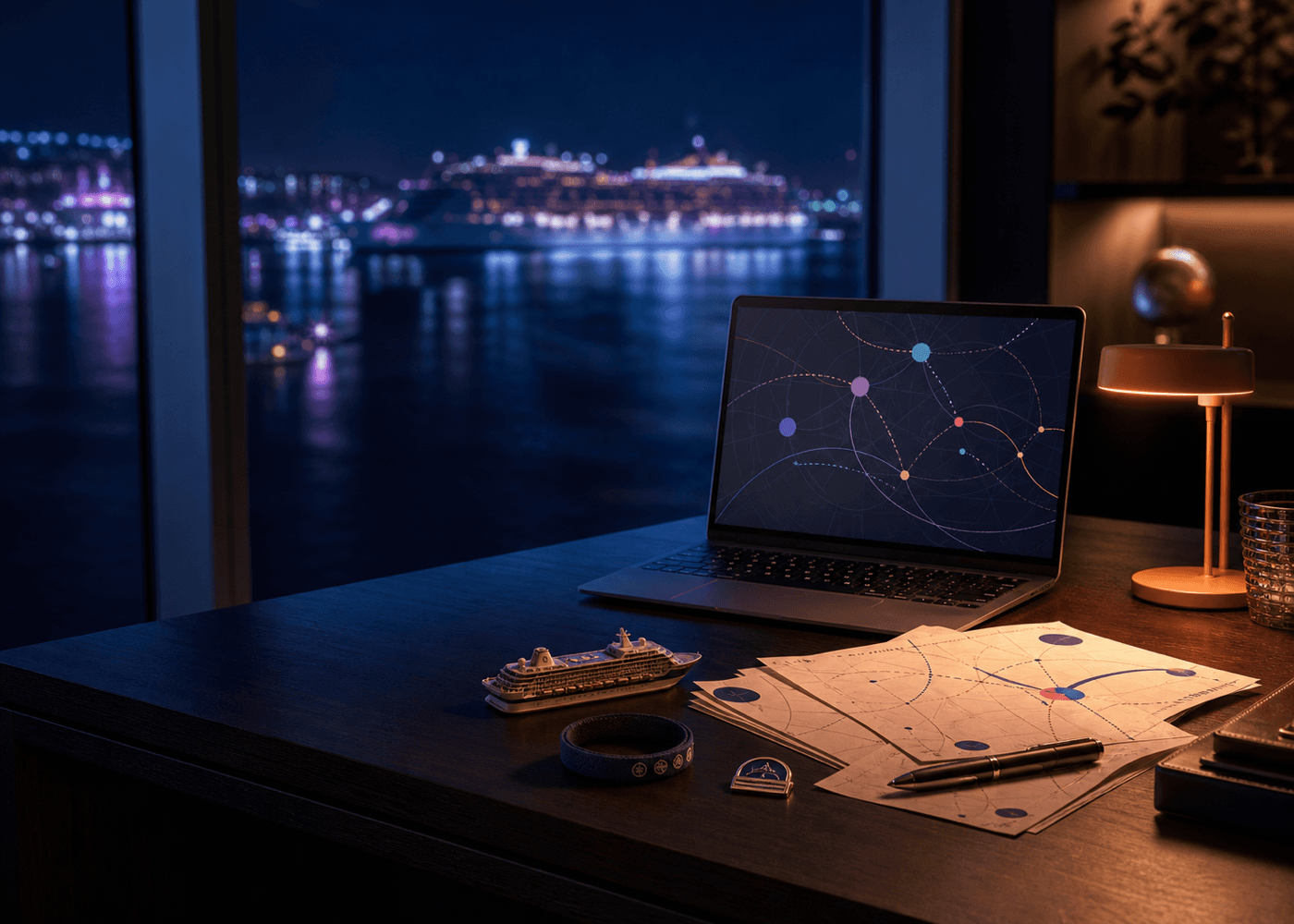 Premium travel planning workspace overlooking a harbor at night